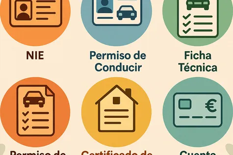 Seis iconos circulares que representan: NIE, permiso de conducir, ficha técnica, permiso de circulación, certificado de empadronamiento y cuenta bancaria.