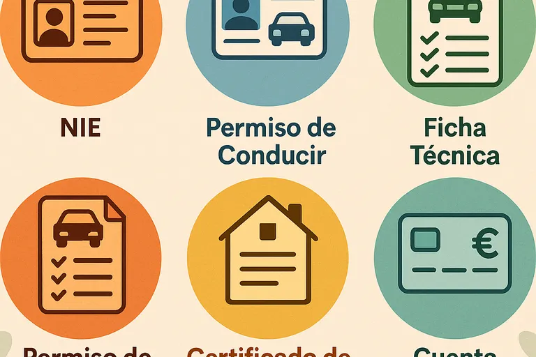 Seis iconos circulares que representan: NIE, permiso de conducir, ficha técnica, permiso de circulación, certificado de empadronamiento y cuenta bancaria.