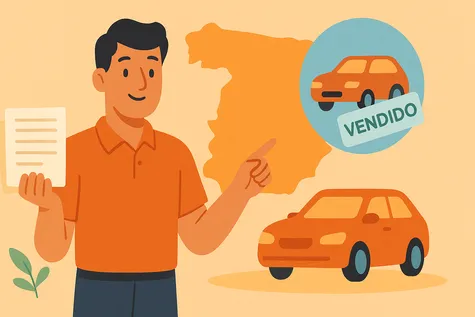 Hombre sonriente sostiene unos papeles y señala el contorno de España con la imagen de un coche que acaba de vender a un extranjero.