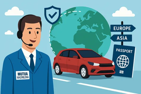 Agente de Mutua Madrileña con coche, globo terráqueo y señal internacional de fondo.