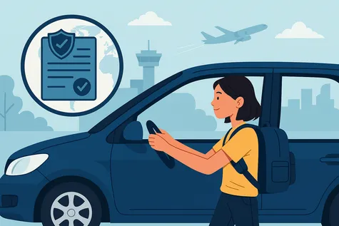 Estudiante conduciendo en el extranjero con seguro internacional ilustrado.