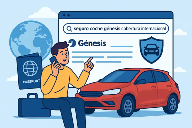 Hombre buscando seguro coche Génesis internacional junto a maleta, coche rojo y mapa global