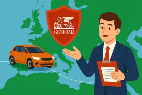 Ilustración con coche, mapa de Europa y escudo rojo de Generali como seguro internacional