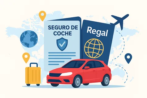 Ilustración de seguro coche internacional con pasaporte Regal, coche rojo y fondo de mapa.