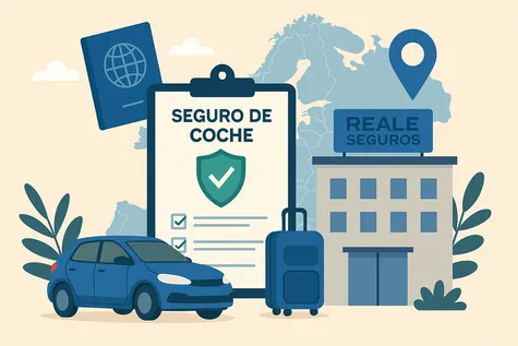 Ilustración de seguro de coche internacional con edificio Reale Seguros y mapa de Europa.