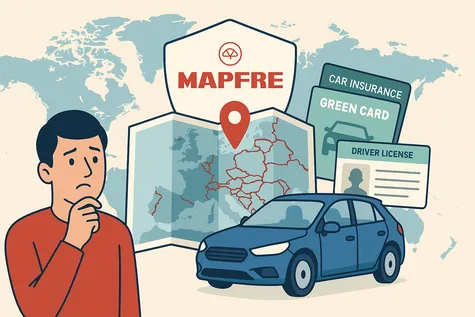 Ilustración de seguro de coche MAPFRE internacional con coche, mapa y documentos para viajar.