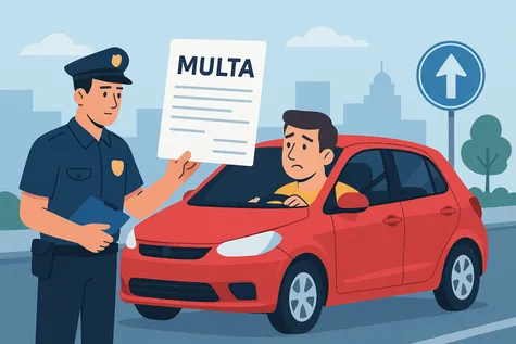 Agente de policía entrega una multa a un conductor preocupado dentro de un coche rojo.