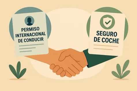 Dos manos se dan la mano; una sostiene un documento con el título ‘PERMISO INTERNACIONAL DE CONDUCIR’ y la otra un papel que dice ‘SEGURO DE COCHE’.