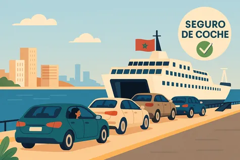 Coches haciendo cola para subir a un ferry con bandera de Marruecos.