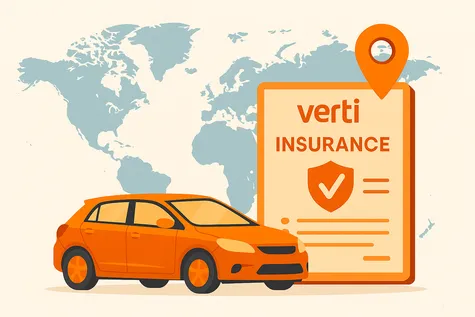 Seguro de coche internacional con documento Verti y coche naranja sobre mapa mundial