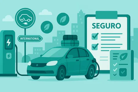 Seguro para coche eléctrico internacional con puntos de carga y cobertura ecológica.