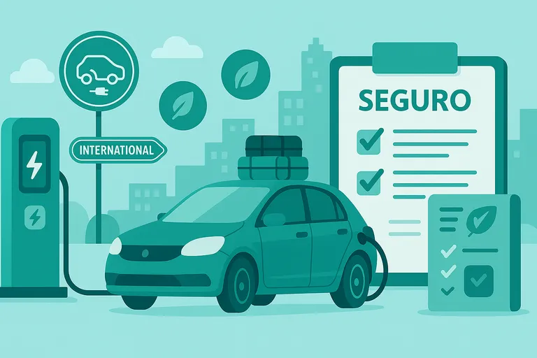 Seguro para coche eléctrico internacional con puntos de carga y cobertura ecológica.