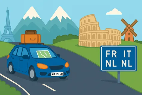Seguro para viaje en coche por Europa Francia, Italia, Países Bajos con mapa y equipaje turístico.