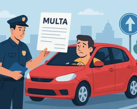 Agente de policía entrega una multa a un conductor preocupado dentro de un coche rojo.