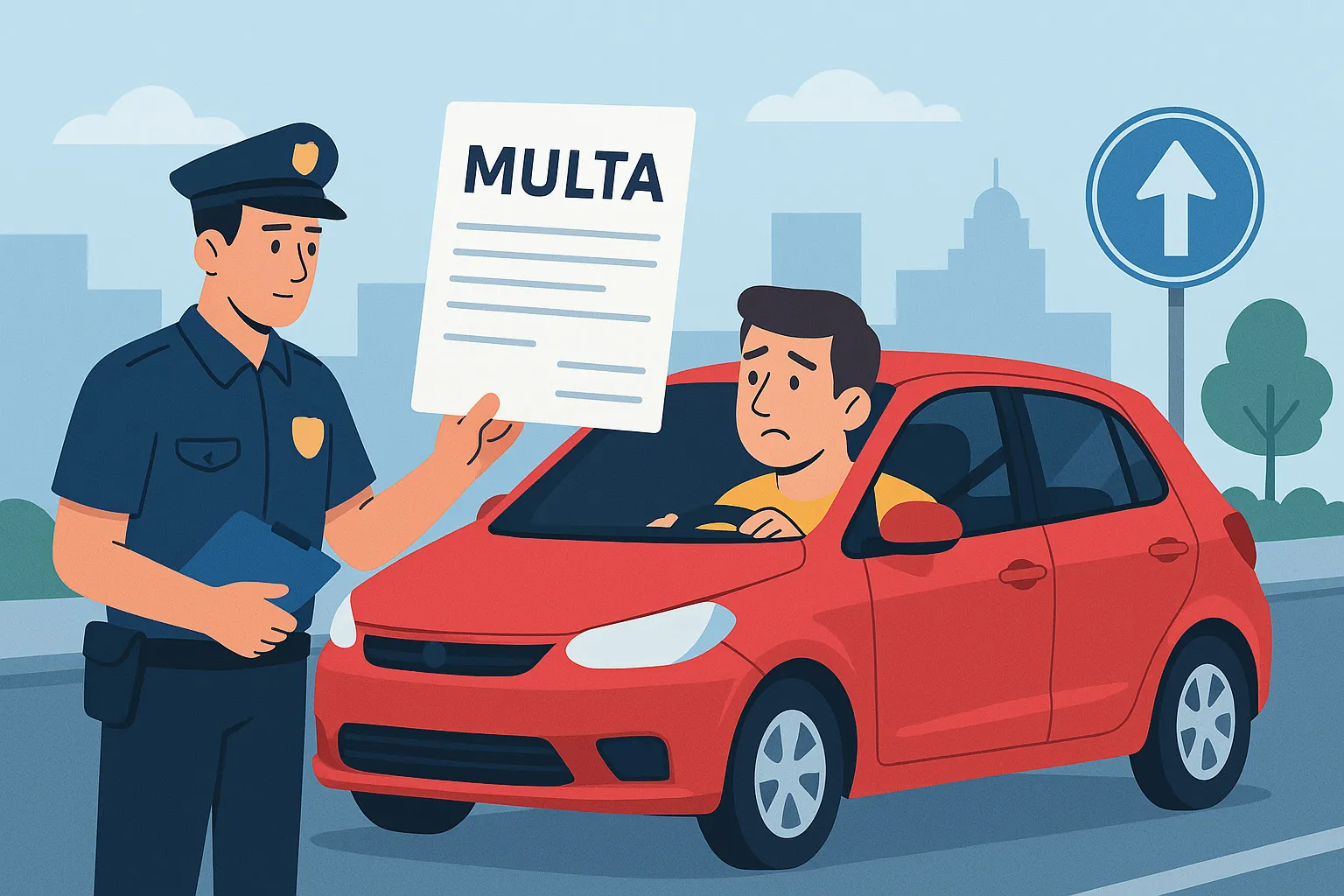 Agente de policía entrega una multa a un conductor preocupado dentro de un coche rojo.