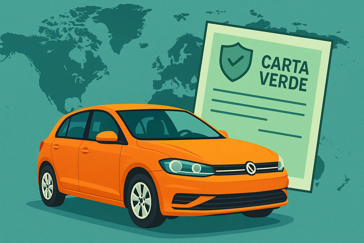Coche naranja con fondo de mapa mundial y carta verde internacional detrás.