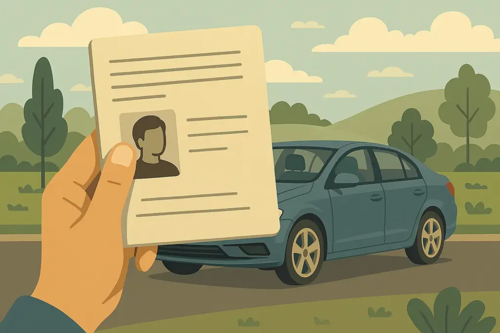 Mano sosteniendo un carnet de conducir frente a un coche estacionado en un entorno natural, simbolizando permiso internacional para conducir.