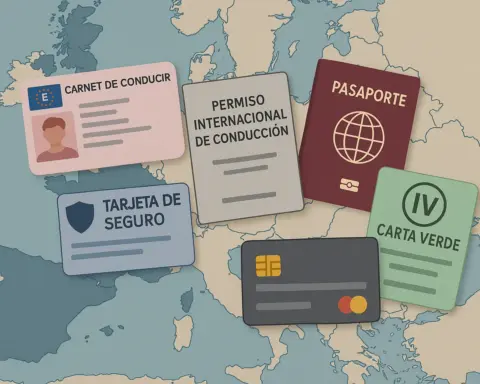 Carnet, pasaporte, seguro y otros documentos sobre mapa europeo para conducir en el extranjero