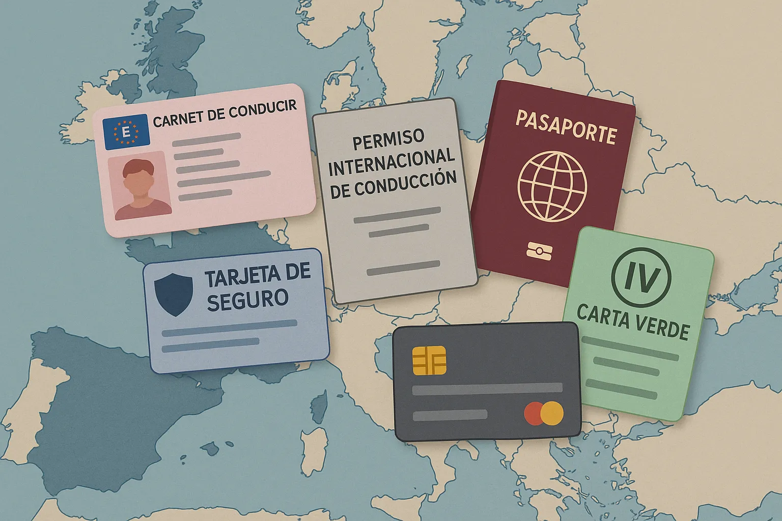 Carnet, pasaporte, seguro y otros documentos sobre mapa europeo para conducir en el extranjero
