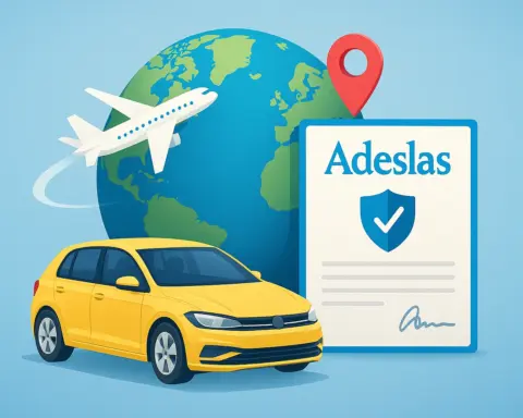 Coche amarillo, globo y póliza con logo Adeslas representando seguro internacional