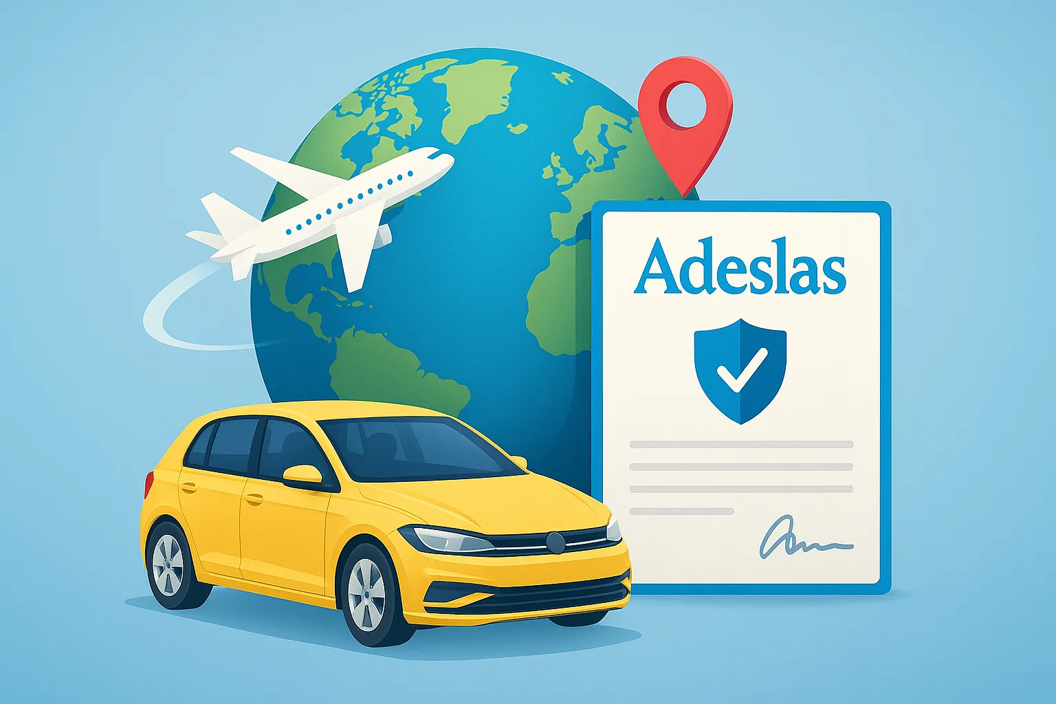 Coche amarillo, globo y póliza con logo Adeslas representando seguro internacional