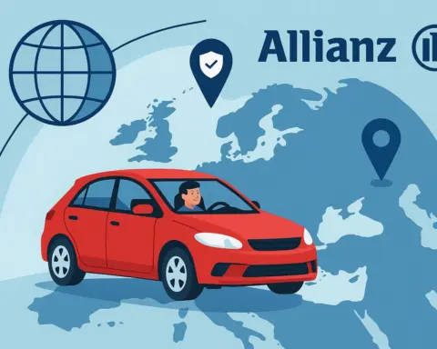Coche rojo viajando por Europa con logo Allianz, mapa y símbolos de seguro internacional.