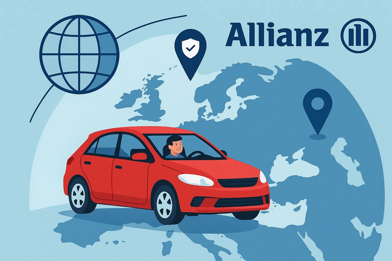Coche rojo viajando por Europa con logo Allianz, mapa y símbolos de seguro internacional.