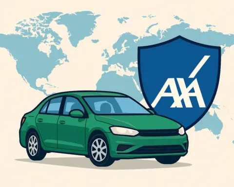 Coche verde con escudo AXA y mapa mundial de fondo representando cobertura internacional.