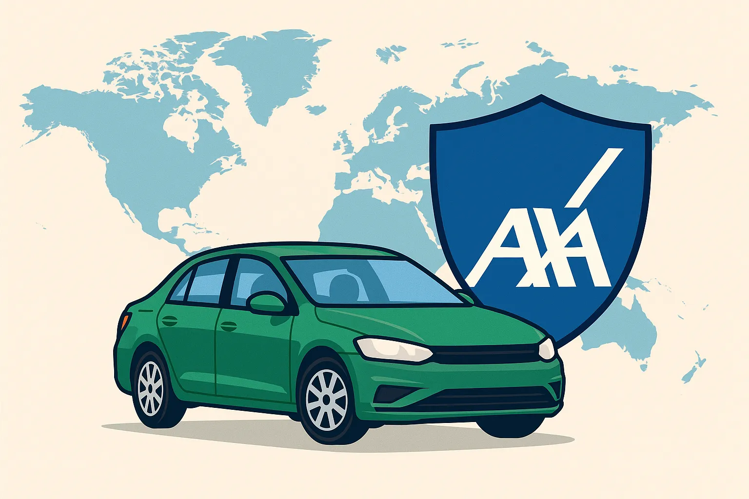 Coche verde con escudo AXA y mapa mundial de fondo representando cobertura internacional.