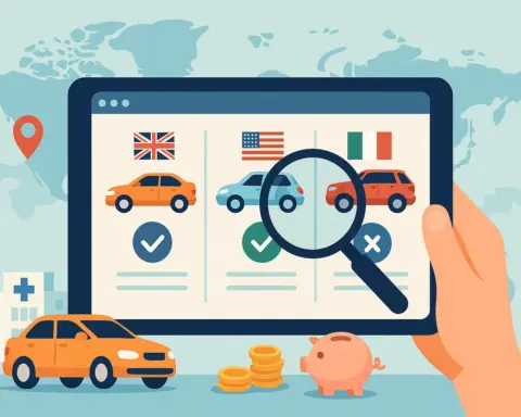 Comparativa de seguros de coche en Reino Unido, EE. UU. e Italia con lupa y ahorro visible.