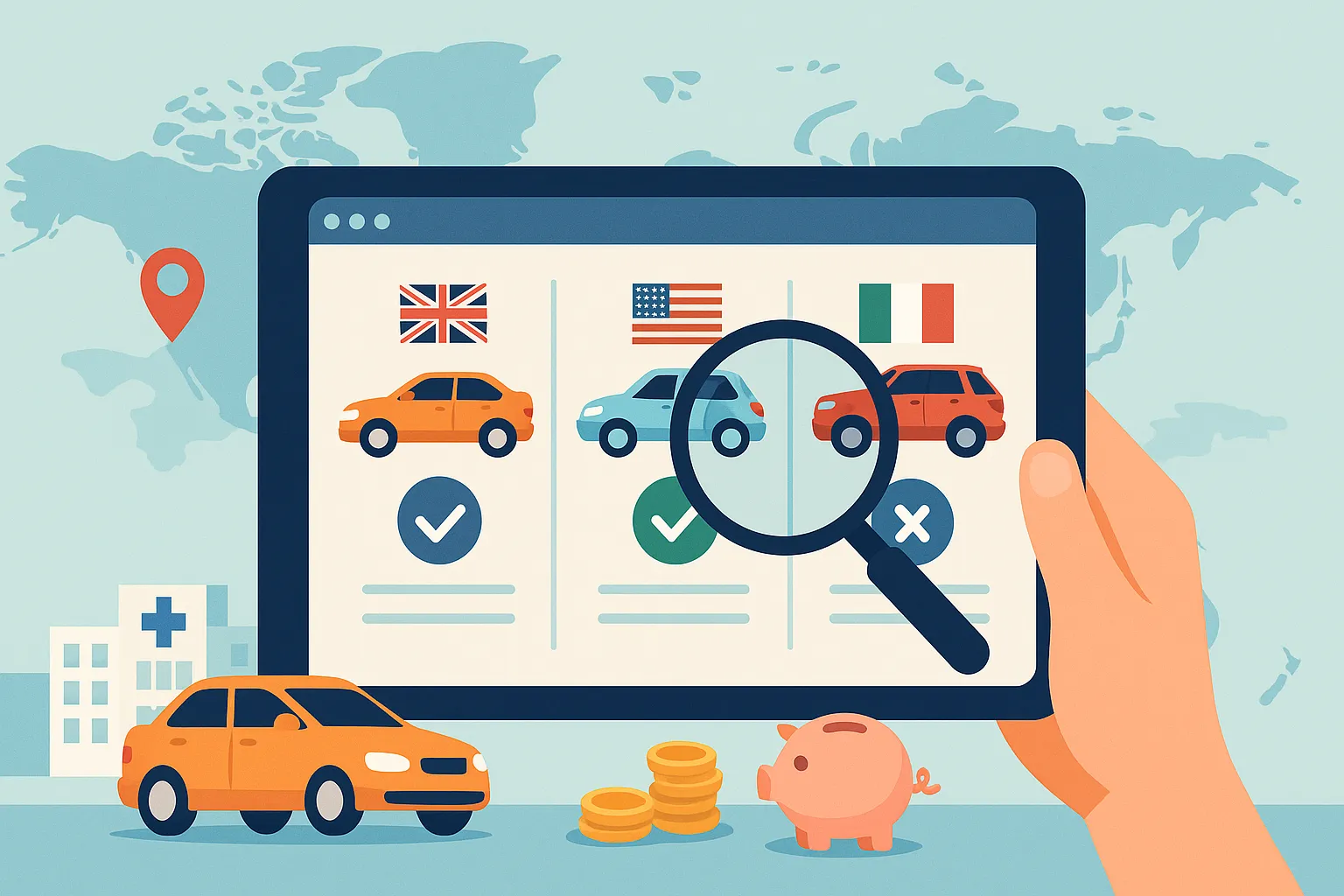 Comparativa de seguros de coche en Reino Unido, EE. UU. e Italia con lupa y ahorro visible.