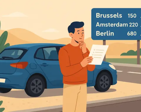 Viajero junto a un coche azul revisa una hoja de consejos de conducción en el extranjero, con señales que indican Bruselas, Ámsterdam y Berlín.