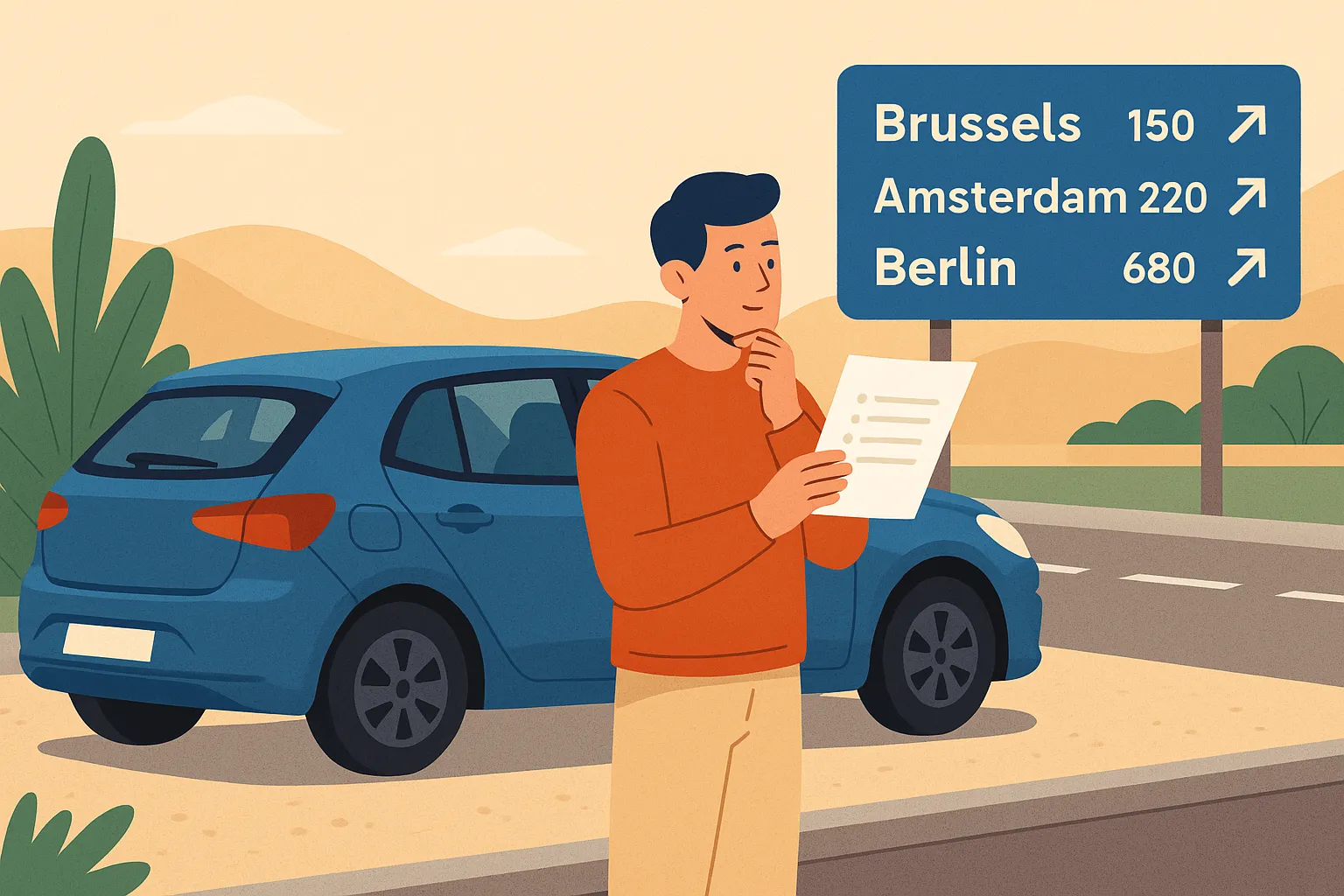 Viajero junto a un coche azul revisa una hoja de consejos de conducción en el extranjero, con señales que indican Bruselas, Ámsterdam y Berlín.