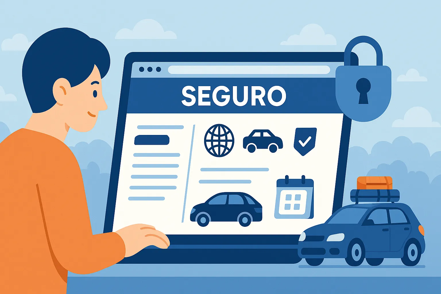 Contratación segura de seguro de coche online con cobertura global y protección de datos.