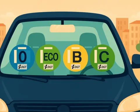 Primer plano del parabrisas de un coche con las pegatinas medioambientales de la DGT: 0, ECO, B y C.