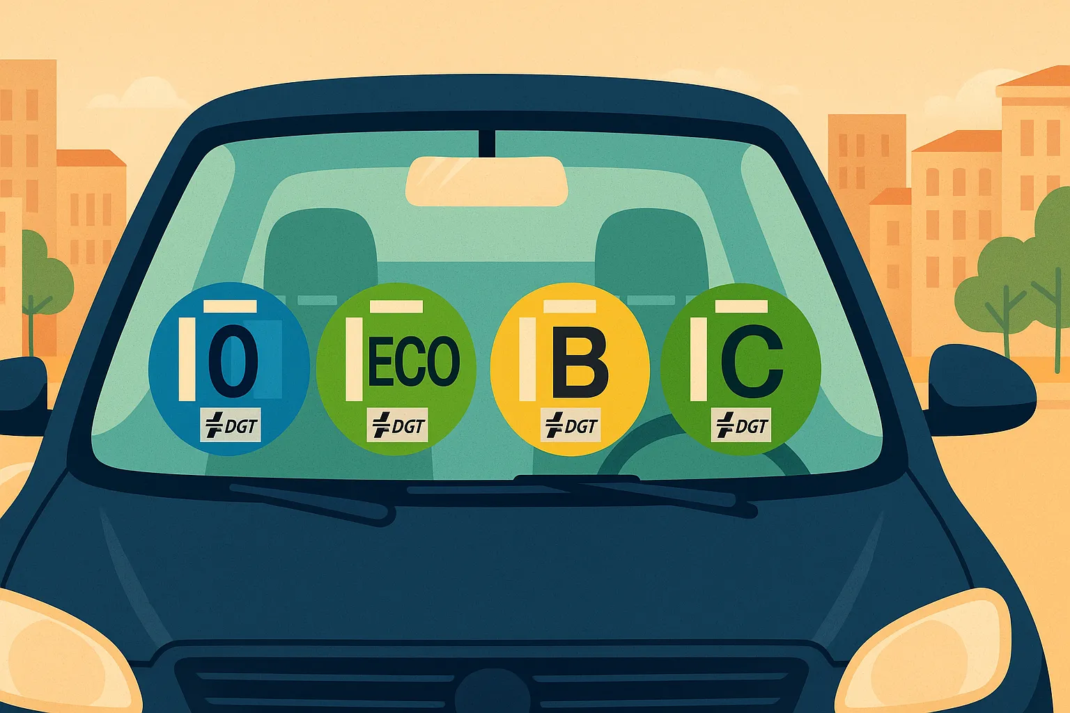 Primer plano del parabrisas de un coche con las pegatinas medioambientales de la DGT: 0, ECO, B y C.