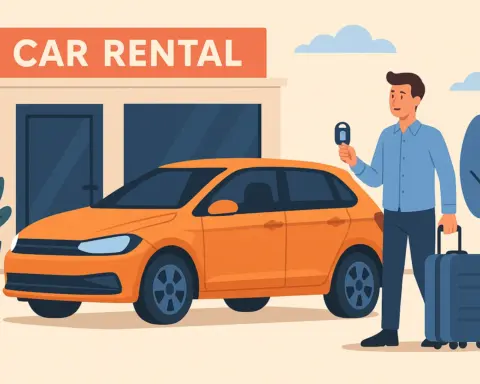 Hombre con maleta recogiendo coche en oficina de alquiler bajo el cartel "Car Rental"