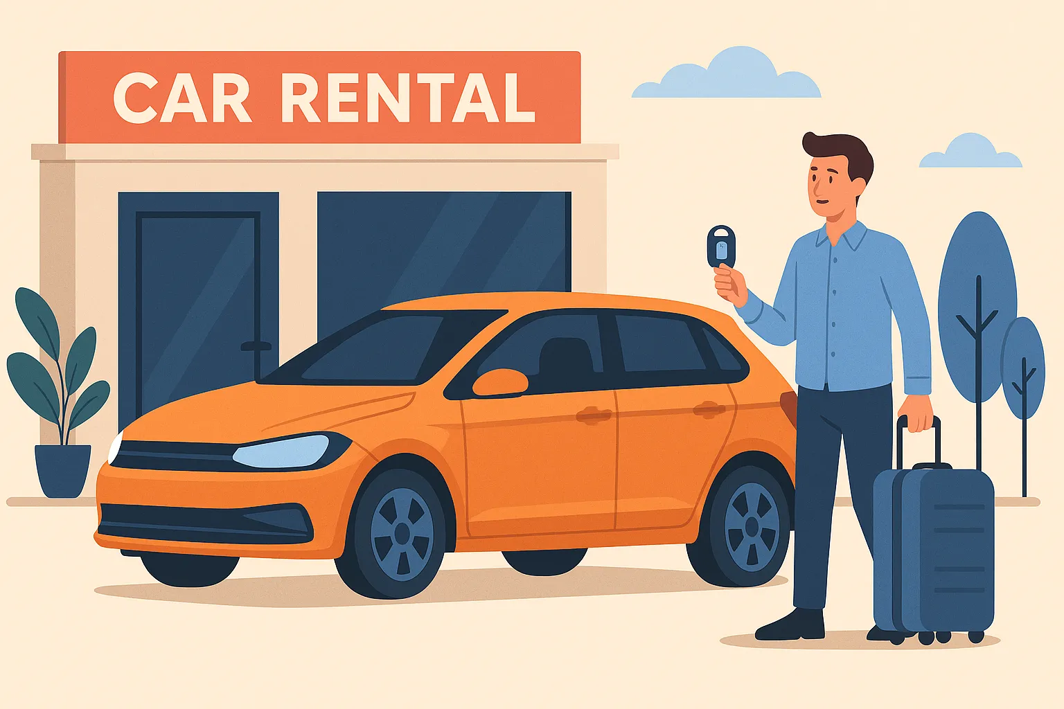 Hombre con maleta recogiendo coche en oficina de alquiler bajo el cartel "Car Rental"