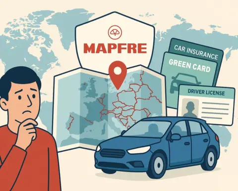 Ilustración de seguro de coche MAPFRE internacional con coche, mapa y documentos para viajar.