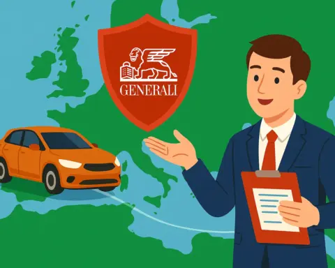Ilustración con coche, mapa de Europa y escudo rojo de Generali como seguro internacional