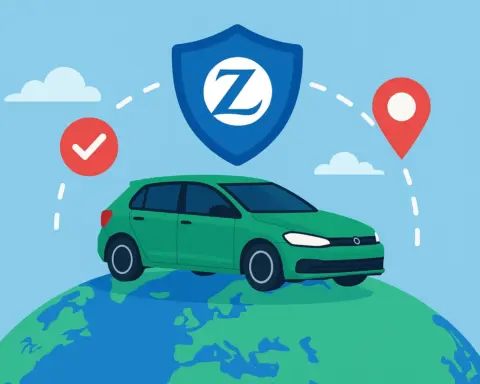 Ilustración de coche verde sobre el mundo con escudo azul y letra Z representando seguro internacional