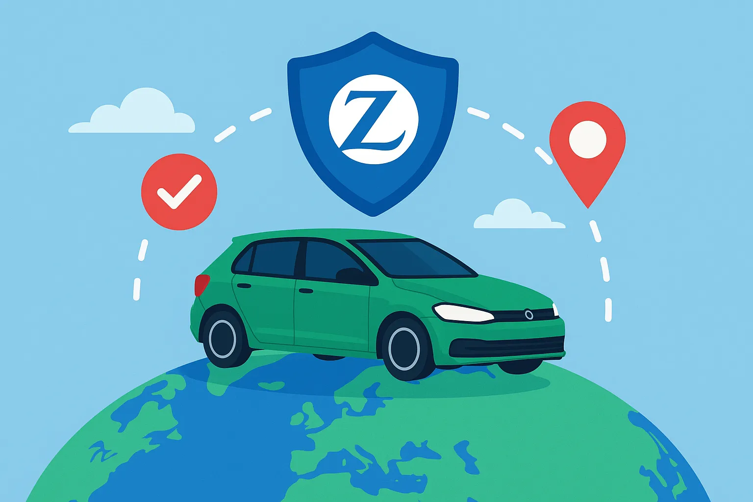 Ilustración de coche verde sobre el mundo con escudo azul y letra Z representando seguro internacional