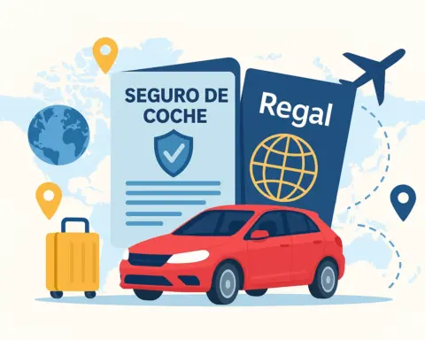 Ilustración de seguro coche internacional con pasaporte Regal, coche rojo y fondo de mapa.