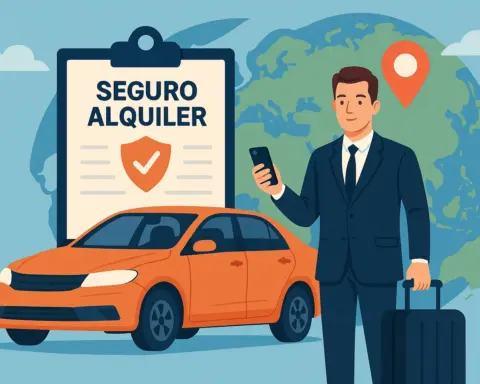 Ilustración de seguro de coche de alquiler para viaje de negocios con mapa, coche y ejecutivo