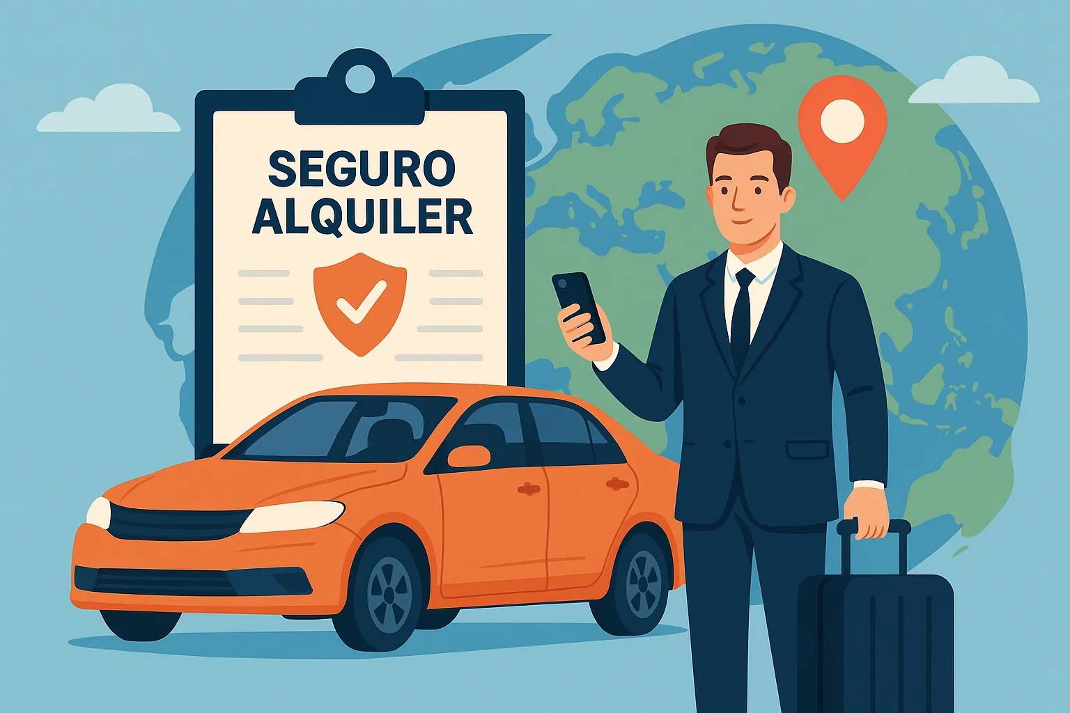 Ilustración de seguro de coche de alquiler para viaje de negocios con mapa, coche y ejecutivo