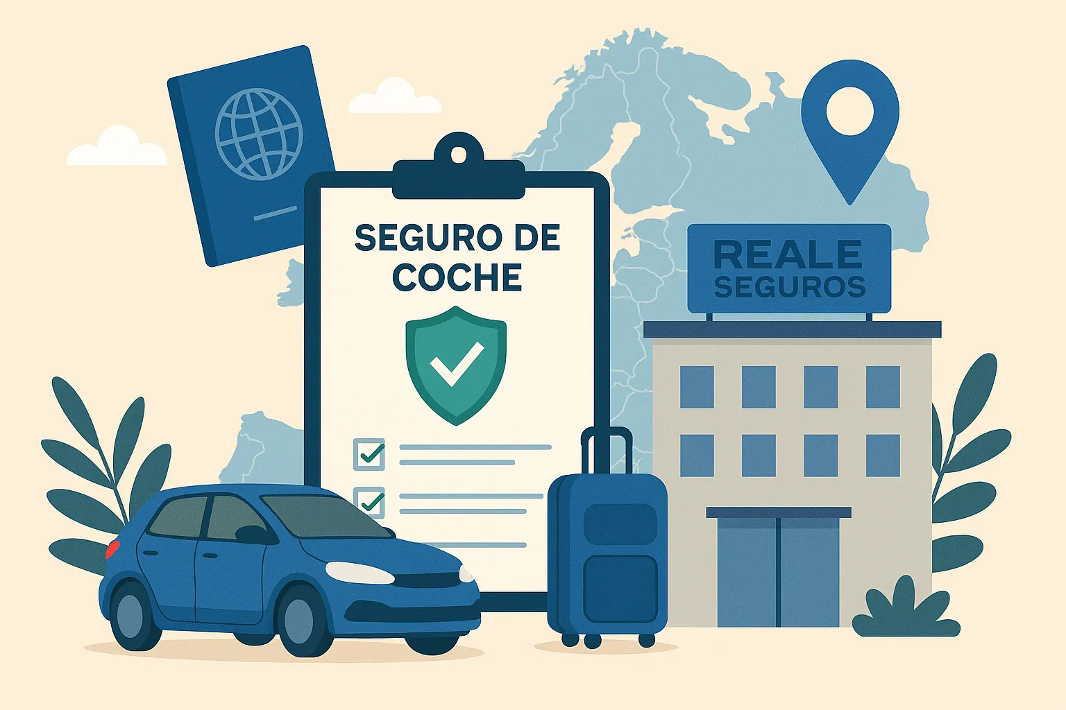Ilustración de seguro de coche internacional con edificio Reale Seguros y mapa de Europa.