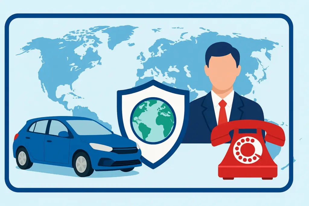 Ilustración de seguro internacional con coche azul, mapa mundial y teléfono rojo destacado
