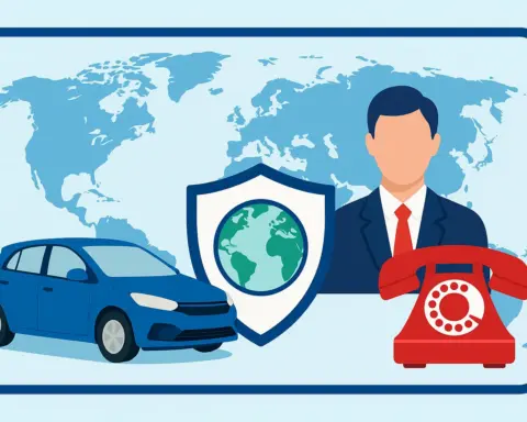 Ilustración de seguro internacional con coche azul, mapa mundial y teléfono rojo destacado
