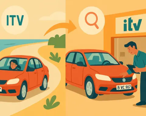 Coche con matrícula extranjera frente a la puerta de una estación de ITV.