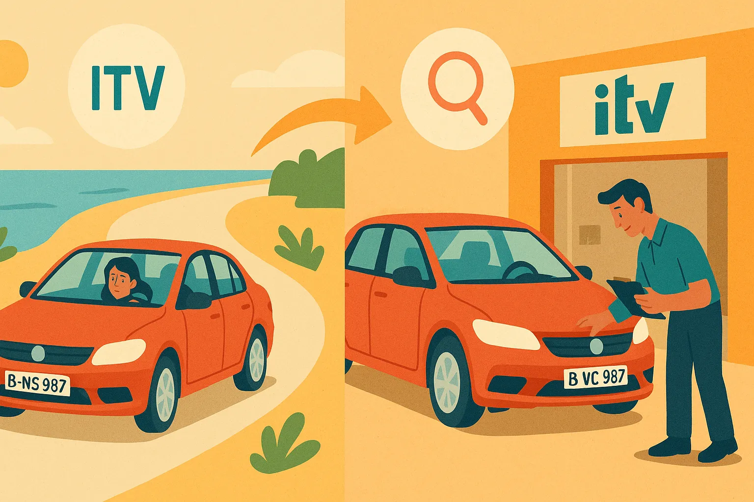 Coche con matrícula extranjera frente a la puerta de una estación de ITV.